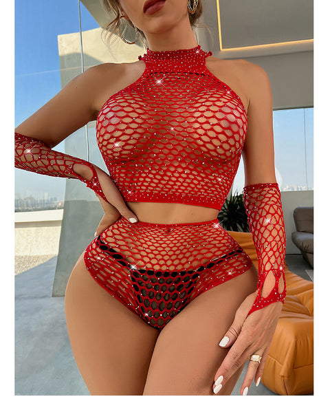 Freesize Women Mesh Knitted Body-stocking Dress with rhinestones