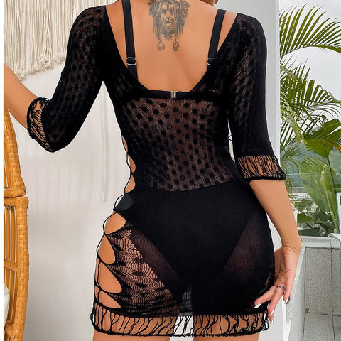 Panteazy's Women Freesize See Through Mesh Lingeries Stretchable Black Knitted Dresses