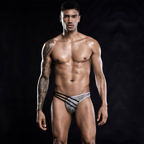 Panteazy's Men's Black Stripe Silver Print Brief Sexy Frenchie Underwear