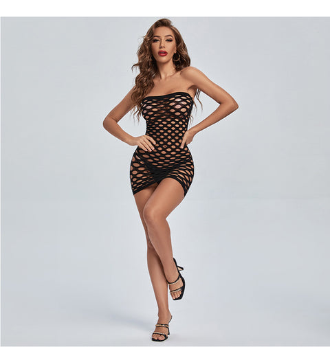 Freesize Women Mesh Knitted Body-stocking Dress with rhinestones