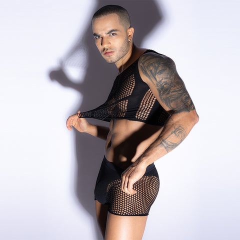 Panteazy's Mesh 2 part Bodysuit for Men Black Free Size See Through Men Lingerie Holiday Honeymoon Gift for men