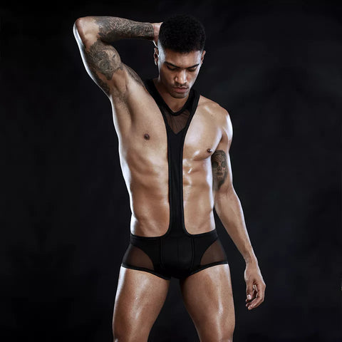 Men's Black Semi mesh Poly spandex net bodysuit