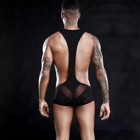 Men's Black Semi mesh Poly spandex net bodysuit